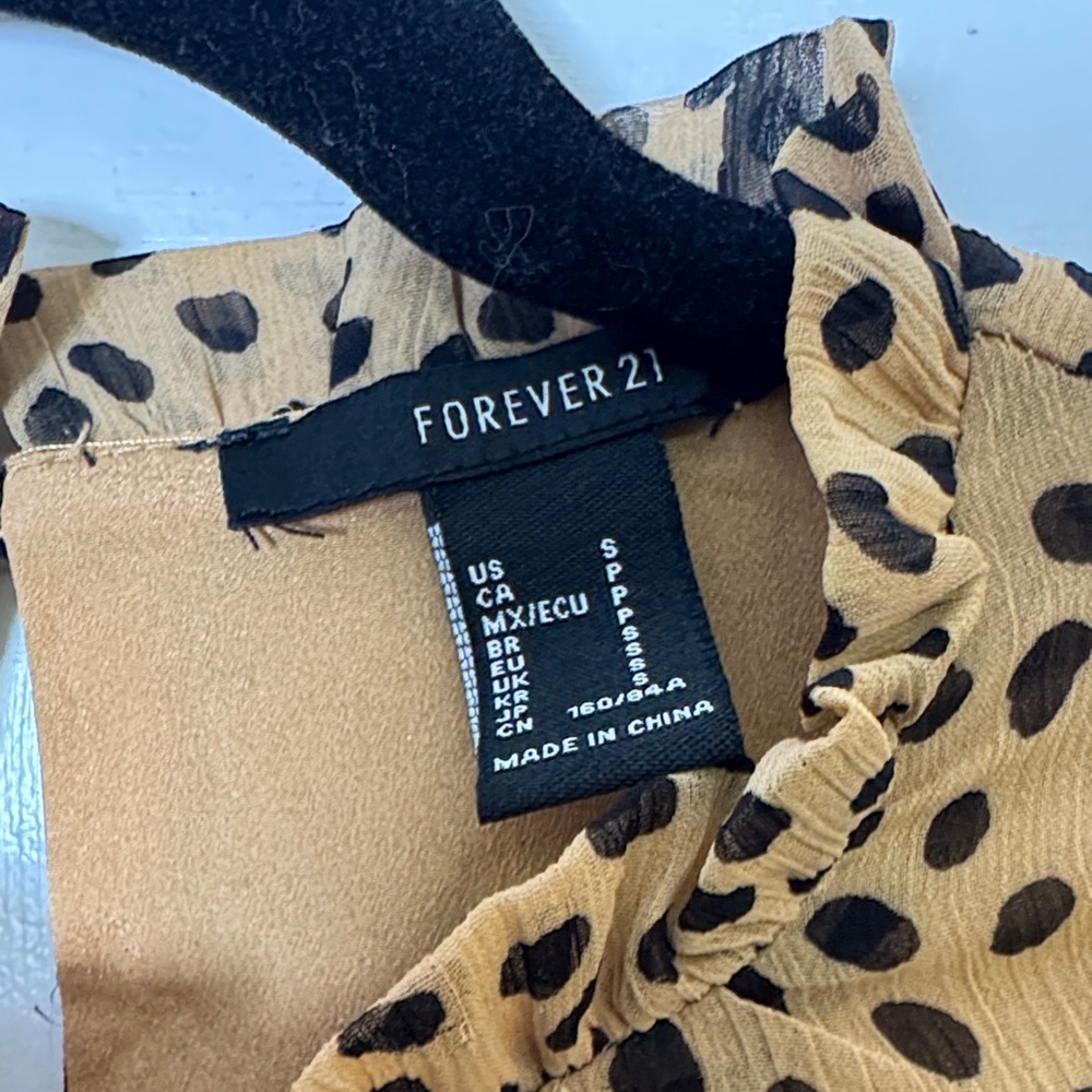 Forever 21 Tan Black Floral Polka Dot Dress Small Ruffle Sleeves Lined - Picture 2 of 10